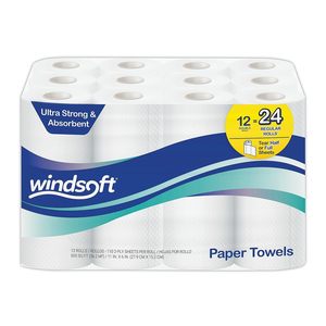 Serviettes de cuisine blanches Windsoft Premium, lot de 12 rouleaux, 110 feuilles par rouleau, rouleaux doubles perforés, feuilles entières et demi-feuilles, serviettes en papier 2 plis - Product Image 6