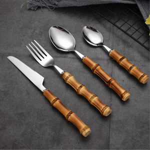 Juego <span class=keywords><strong>de</strong></span> vajilla <span class=keywords><strong>de</strong></span> acero inoxidable con mango <span class=keywords><strong>de</strong></span> nudo <span class=keywords><strong>de</strong></span> bambú ecológico, cuchillo <span class=keywords><strong>de</strong></span> carne occidental, tenedor, cuchara <span class=keywords><strong>de</strong></span> <span class=keywords><strong>postre</strong></span> para pastel para viaje - Product Image 1