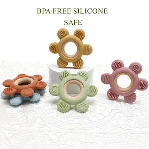 Niedliche Bio BPA Free Food Grade Baby Beißring Sensorische Silikon Beiß spielzeug Buche Holz Luxus Massage Hand Silikon Beißring