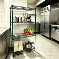 Étagère métallique robuste à 4 niveaux en époxy vert pour cuisine commerciale, rangement de cuisine, utilisation en restauration