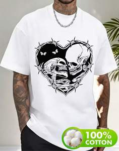 T-shirt unisex con stampa di cuori e teschi, bianco e nero, stile semplice, manica corta, girocollo, vestibilità regolare, 100% cotone - Product Image 3