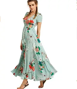 Wholesale China Women V Neck Dresses Summer Fashion Maxi Holiday Floral Bohemian Dress