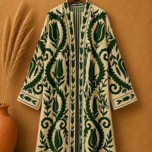Kimono long en coton brodé pour femme, motif floral, ceinture sur le devant, vêtement d'extérieur printemps-hiver, manteau long réversible, style bohème - Product Image 1