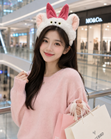 Serre-tête en peluche animale mignon pour femmes et filles, bandeaux en velours et fausse fourrure avec nœud, rose et blanc, accessoires capillaires doux et duveteux, vente en gros