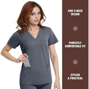 Blouse médicale pour femme à col en V, 4 poches, extensible, de qualité supérieure, uniforme d'hôpital, gris - Product Image 2