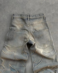 بنطلون جينز مخصص بأسلوب الهيب هوب، حواف خام، دينيم ممزق، فضفاض، طراز Y2K عتيق، مستقيم، ملابس الشارع، خصر متوسط، بنطلون جينز عصري - Product Image 2