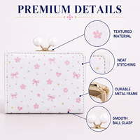Dompet Wanita Kulit PU dengan Kancing Kiss Lock Motif Sakura Bunga Sakura Mutiara, Dompet Koin Warna Pink Pastel Cetak Lucu Vintage