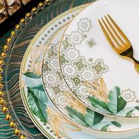 Service de Table en Porcelaine Fine Écologique Luxe – Vaisselle Feuille Verte pour Dîner à Domicile, Mariage, Banquet, Cadeau
