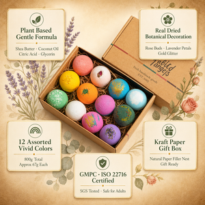 Ensemble de bombes de bain botaniques personnalisées faites à la main, 12 pièces, 800 g, assortiment de boules effervescentes colorées, hydratantes, relaxantes, aromatiques, boîte cadeau - Product Image 3
