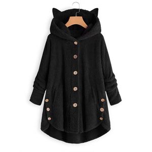 Manteau d'hiver chaud et épais en polaire écologique décontracté pour femmes, double face en peluche, longueur courte, à capuche, manches longues, simple boutonnage - Product Image 2