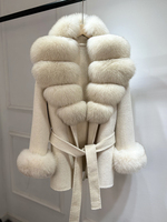 Manteau en laine double face Janveny 2026 pour femme, avec vraie fourrure de renard naturelle, coupe ample, chaud, ceinturé, poches, mélange de laine, veste courte, vêtement d'extérieur