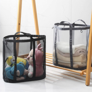 Collapsible Mesh Laundry Basket Gray And Black Rectangle Portable Wall Mounted Clothing Organizer Nylon Fabric - Product Image 4