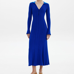Outono Atacado Elegante Cor Pura Manga Longa <span class=keywords><strong>V</strong></span> Pescoço Turn Down Collar Body Fitting Knit Maxi Vestido Camisola Das Mulheres - Product Image 5