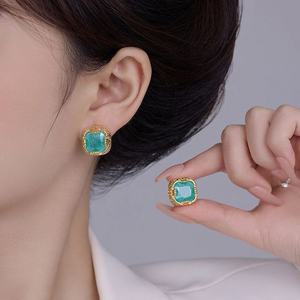 Wholesale Retro Luxury High-End Geometric Square Earrings Women Copper Genuine Gold Plated Zircon <b>Studs</b> Niche Fashion Gift - Product Image 2