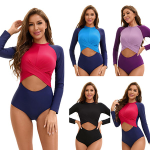 Elegante traje de baño de Fitness para mujer europea americana patrón sólido ropa de playa de una pieza Sexy corte trasero de talla grande transpirable - Product Image 1