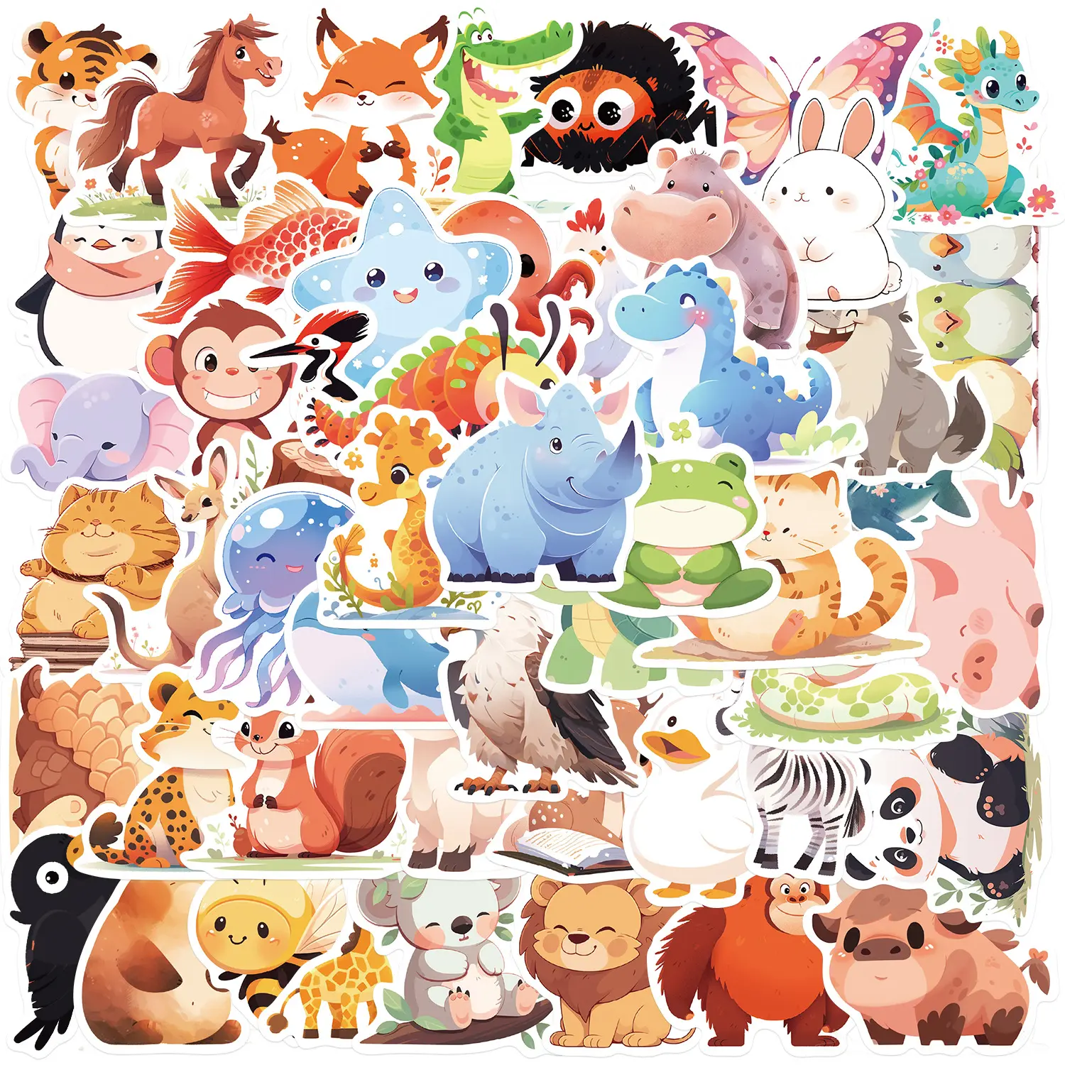 50 pièces mignon Animal dessin animé autocollants vinyle PVC découpé autocollant pour bouteille d'eau ordinateur portable téléphone planche à roulettes vélo voiture décalcomanie