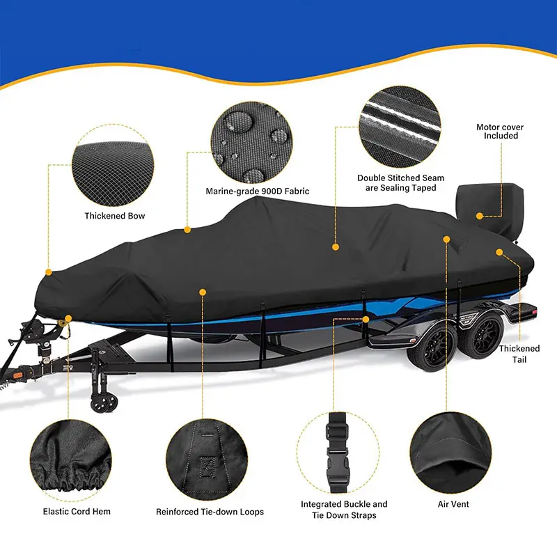 כיסוי סירה חשמלית חדש 900D עמיד למים עבור סירות 16-18.5 רגל בצורת V שלוש סירות גוף לדיג סקי ברדס בתדר נמוך