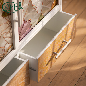 Chuqi Living Room <b>Cabinet</b> 3-Door <b>White</b> Floral Glass Door <b>Storage</b> Furniture - Product Image 2