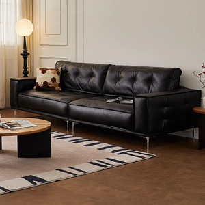 Mid-century French Retro Waxed Top Grain Leather Straight <b>Sofa</b> in <b>Black</b> for Small Living Room - Product Image 1