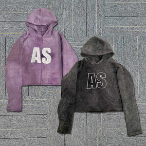 Sweat à capuche unisexe vintage délavé à l'acide en coton French Terry, coupe courte, style streetwear, avec appliqué brodé et patchs usés, pour homme - Product Image 3