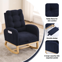 Fauteuil à bascule bleu marine foncé à dossier haut, chaise longue en bois d'hévéa pour chambre d'enfant et salon, 38,36" L x 26,77" P x 39,76" H