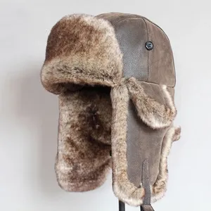 Bomber hüte Winter Männer Warme russische Ushanka-Mütze mit Ohr klappe Pu Leder Pelz Trapper Cap