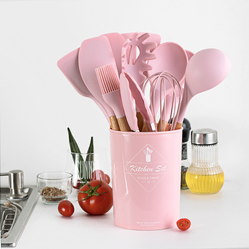 Hot Sale 11Pcs Cute Non Toxic Food Grade Wooden Handle Kitchen Utensils Gadgets Tools Set Silicone Cookware Cooking Utensils Set