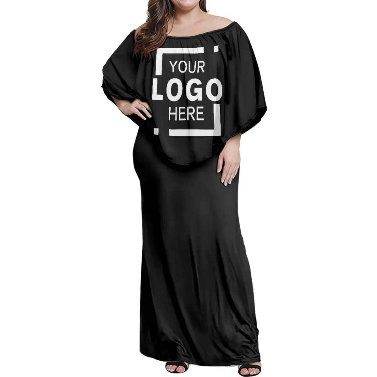 Produk desain unik gaun wanita cetak sesuai permintaan dari bahu depan besar rok tidak teratur menjahit tren pribadi