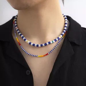 SHIXIN 트렌디 목걸이 록 보헤미안 여러 가지 빛깔의 폴리머 클레이 미니어처 쌀 구슬 목걸이 남성용 힙합 더블 레이어 칼라 - Product Image 2