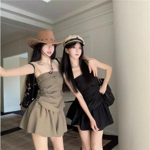 Conjunto de Falda Mini de Cintura Alta y Top sin Tirantes de Lona Vintage, Dulce y Fresco, para Mujer, Verano, Casual, Poliéster, Moda - Product Image 1