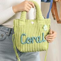 Tas Selempang Silinder Ringan Bahan Corduroy Anak-Anak, Desain Bunga Bordir, Buatan Tangan, Minimalis, Nama Custom, Tebal