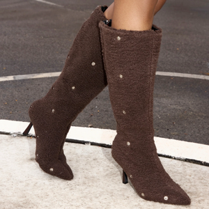 Womens Stiletto Pointed Toe High Heel Brown <strong>Sherpa</strong> Folded Detail Fur <strong>Boots</strong> - Product Image 6