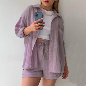 Stock Crepe Loungewear <span class=keywords><strong>2</strong></span> pièces ensembles chemises à manches longues cordon shorts tenues coton deux pièces ensemble femmes vêtements survêtement - Product Image 5