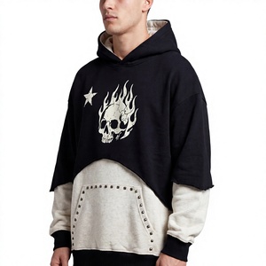 Sweat à capuche surdimensionné pour homme, imprimé graphique flamme et crâne, patchwork color block, clouté, style streetwear - Product Image 1