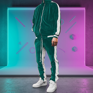 Ensemble de survêtement en velours vert pour homme, veste à fermeture éclair intégrale, pantalon, couleur unie, streetwear, tenue décontractée, vêtements d'automne - Product Image 1