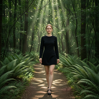 Robe mini trapèze noire unie en polyester à col rond et manches longues, taille naturelle, lavable, décontractée pour femme