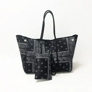 Paisley Flower Printed Neoprene Crossbody Handbag Tote Bag With A Small Coin Purse Bag Hand Bag Set