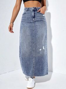 OEM ODM Hochwertiger Maxi-Jeansrock für Damen mit Stickerei, Lässiger Midi-Rock mit Hohem Bund, Street-Style, Schlitz und Ausgefranstem Saum - Product Image 3