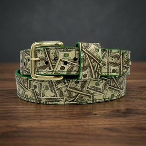 Casual <b>Money</b> Print Baseball <b>Belt</b> With Alloy Rectangular Pin Buckle Durable Heat Transfer Printed Design Green Edge Trim - Product Image 2