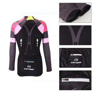 Ensemble de maillot de cyclisme à manches longues pour femme avec logo personnalisé, noir, rose, jaune, fermeture éclair intégrale, pantalon de vélo rembourré pour la pratique et l'entraînement - Product Image 3