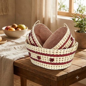Cestas Tejidas Ecológicas con Forro de Tela y Detalles Rojos, Almacenamiento Decorativo para Frutas y Verduras - Product Image 1