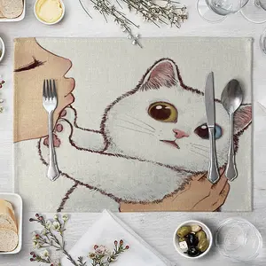 可爱猫咪图案餐垫，棉麻西方垫餐垫，保温餐桌垫子防滑杯垫