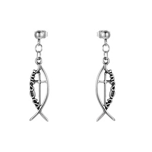 Pendientes con forma de pez, diseño de cruz de acero de titanio, estilo geométrico retro para mujer CF012 - Product Image 1