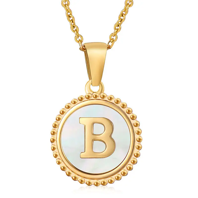 High Quality 26 English Letters Round Sea Shell Pendant Jewelry Stainless Steel 18K Gold Letter Initial Necklace