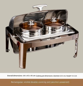 Calentador de sopa eléctrico <span class=keywords><strong>doble</strong></span> tipo buffet, oblongo, con tapa enrollable de acero inoxidable dorado y soporte para cubo de sopa, tipo chafing dish - Product Image 3