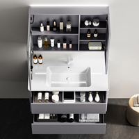 Ensemble de lavabo de salle de bain étanche avec meuble en contreplaqué gris, vasque en céramique, miroirs de toilette éclairés à interrupteur tactile