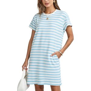 Womens Summer Striped T Shirt <b>Dress</b> Cotton Short Sleeve Crewneck Mini Casual Shift <b>Dress</b> With Pockets <b>Loose</b> Fit Breathable - Product Image 1