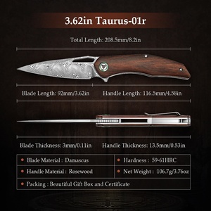 TRIVISA 110 capas HOJA DE Damasco mango de palisandro plegable Camping bolsillo caza cuchillo táctico con clip - Product Image 3