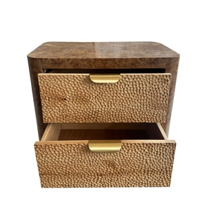 Table de chevet vintage en placage de bois de burl, faite à la main, style rustique, avec poignée en fer, pour la maison - Product Image 2