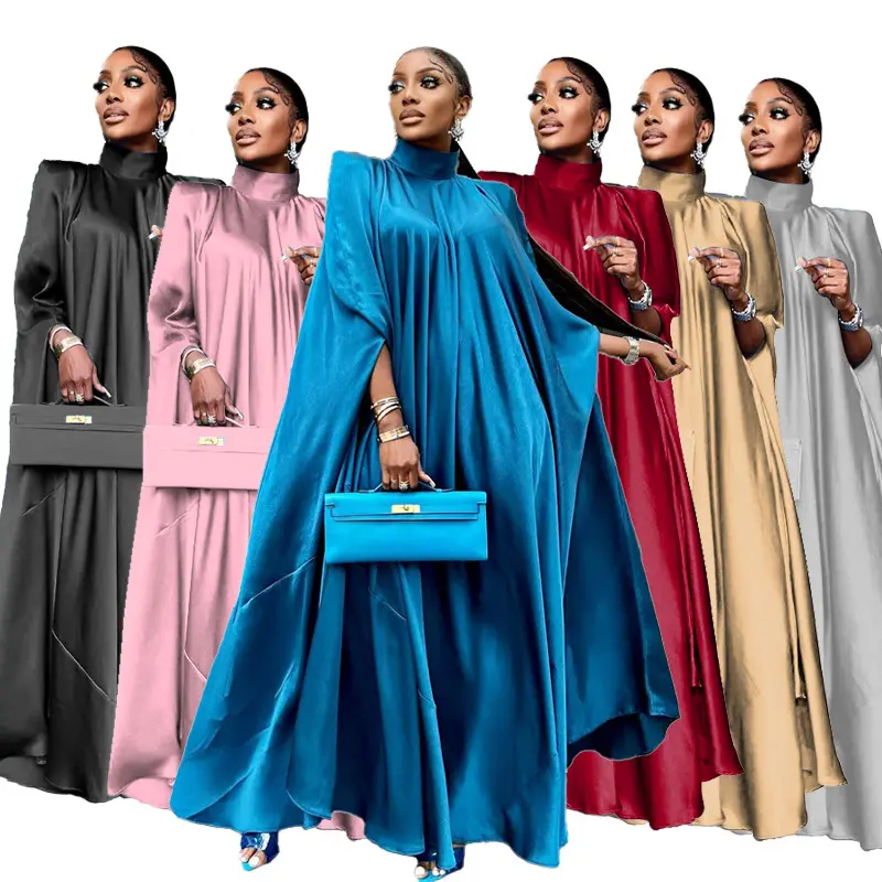 2022 Latest Islamic clothing Dubai Muslim women's dress high neck loose big swing Middle East robe satin dress